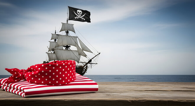 Pirate ship model with bandana and striped fabric on a wooden deck by the sea.