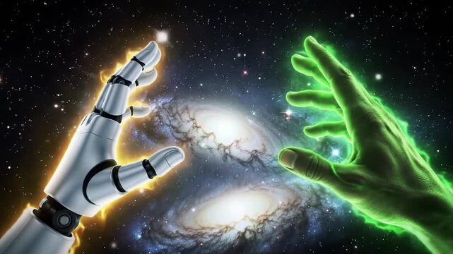 Robotic Hand Meets Ethereal Green Hand Against a Cosmic Galaxy Background