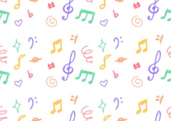 Crayon Musical Notes background. Chalk Scribble Music Symbol Shapes Collection. Pastel Colors Hand Drawn Brush Texture Treble Clefs.