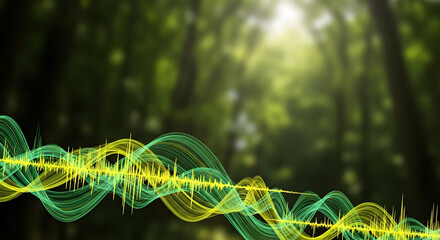 Vibrant Bioacoustic Signal Waveform in a Lush Green Forest Background.