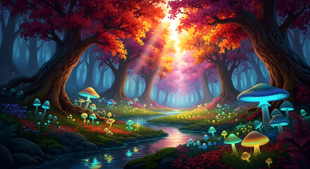 Enchanted Glow: A luminous fantasy landscape depicting a vibrant forest with glowing mushrooms and ethereal light filtering through colorful trees in a mystical woodland scene