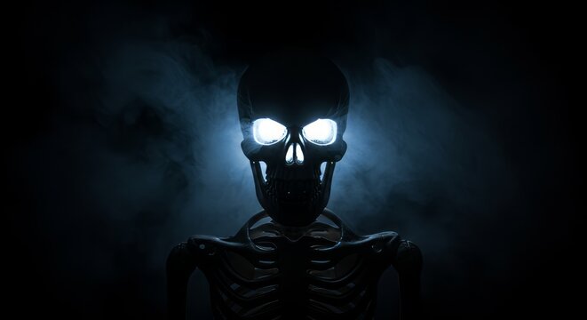 Skeleton decoration with glowing eyes, dark smoky background, creepy Halloween design