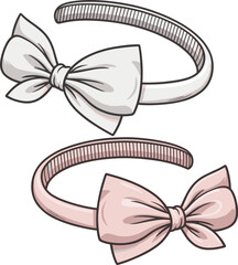 Two Cartoon Headbands With Bows One White One Pink Isolated hair accessory ribbon