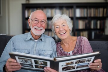 Happy seniors enjoying photo album reminiscing memories together
