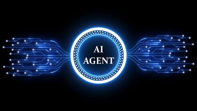 Glowing neon line HUD circle with AI agent circuit board and electronic details on dark backdrop with dotted halftone effect.Futuristic Circuit Board Circuit Footage