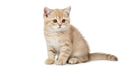 Obraz premium Adorable cream-colored British Shorthair kitten sitting against a white background.