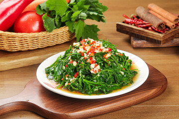 Fresh Spinach Quinoa Salad with Amaranth and Vegetables on Wooden Board - Healthy Farm to Table Meal