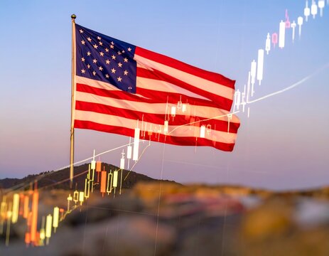 American flag against a backdrop of financial charts