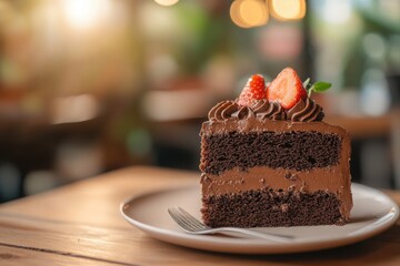 Delicious Chocolate Cake Slice with Fresh Strawberries on Plate