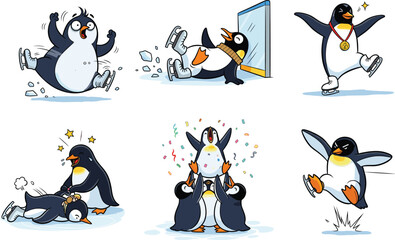 Cute cartoon penguins ice skating, falling, winning medals, celebrating, funny animal sports illustration, adorable winter characters, comical frozen adventure