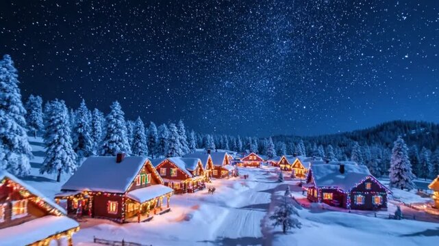 Magical Snowy Village at Christmas Night