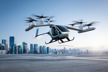 Fototapeta na wymiar Drone taxi with two passengers taking off from a city helipad, futuristic skyline, vision of daily urban air mobility for people