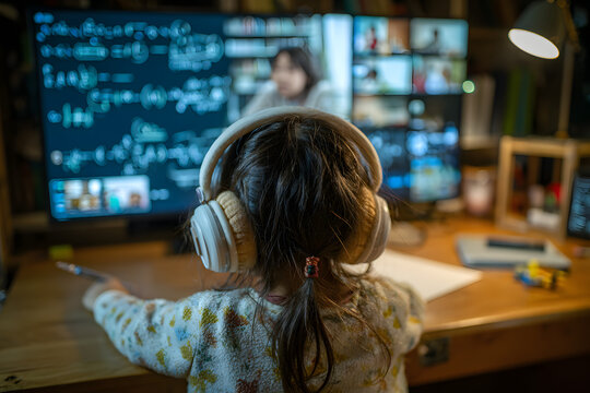 Homeschool Asian little young girl student learning irtual internet online clas from school teacher by rmote meeting due to covid andemic. Female teaching mth by using headphone and hiteboard. - Powered by Adobe