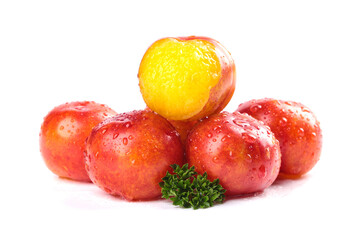 Fresh Red and Yellow Plums with Water Droplets on White Background
