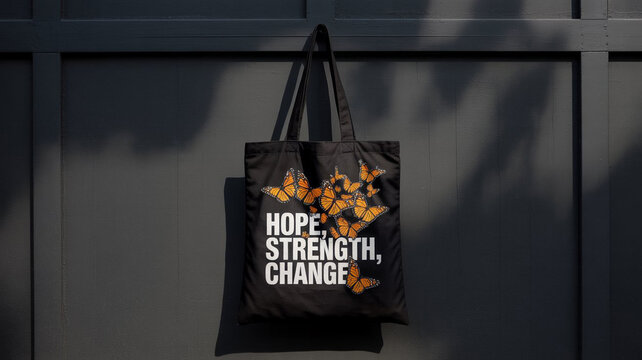Black tote bag with the words hope, strength, and change, adorned with monarch butterflies, symbolizing support for a cause and promoting ecofriendly, ethical shopping choices - Powered by Adobe