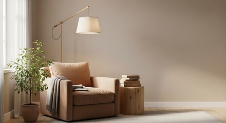 A serene and modern reading nook with a comfy beige armchair, elegant floor lamp, and a potted plant by a sunlit window. Ideal for cozy home decor and relaxation.
