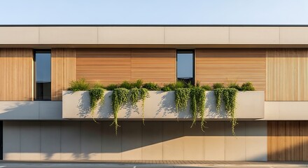 Modern building facade with light wood cladding, neutral concrete, and a large planter box featuring cascading green plants. Contemporary architecture with natural light and minimalist design.