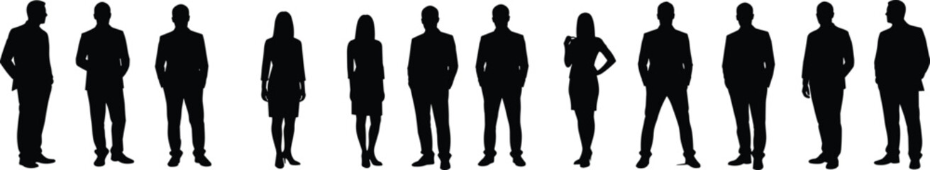 Business team silhouette, group of professionals, corporate people standing, men and women in formal attire, office worker shadow collection design