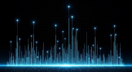 Abstract glowing blue lines and dots representing a futuristic digital landscape. A concept for big data, financial analytics, network connections, or technological growth.