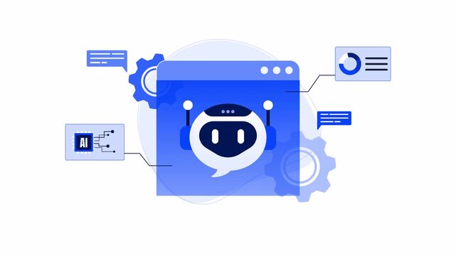Ai innovation animation vector chatbot with windows data elements and gear mechanism for seamless communication optimization. Suitable for technology.
