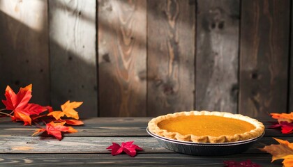 Freshly baked pumpkin pie on table decorated with autumn fruits and leaves