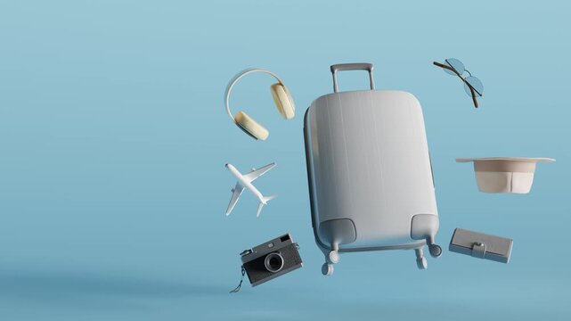 3d loops animation footage. Flying suitcase with travel accessories	