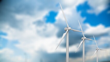 A row of tall white wind turbines at blue sky
