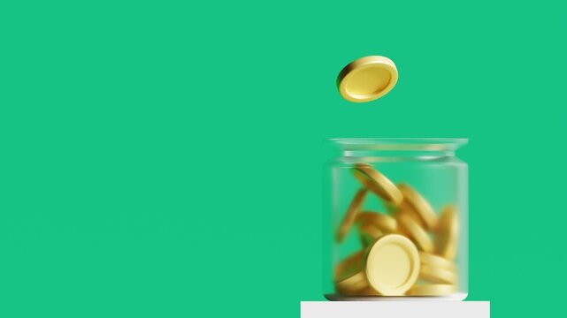 The golden coins falling into a glass jar. Save money concept. 3d animation 