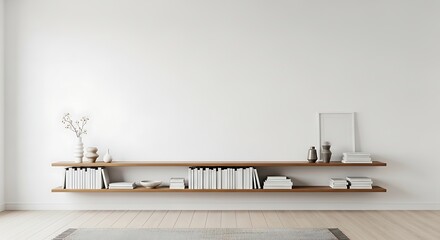Stylish minimalist living room interior with light wood floor, a simple rug, and two elegant floating wood shelves displaying various books and decor in a clean, bright setting.
