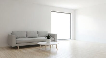A bright, modern minimalist interior with a light grey sofa, white coffee table, and a green plant. Features a large window, white walls, and light wooden floor. Ideal for contemporary decor.