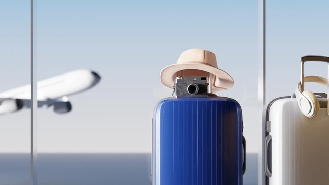 Suitcases in airport. Travel concept. 3d animation footage	