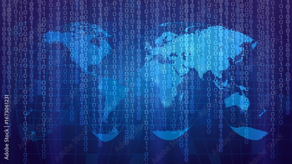 Poster world map and binary code background