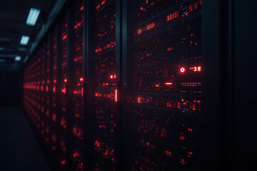 Server Room: A captivating perspective unveils a server room bathed in an atmospheric glow, revealing a multitude of powerful servers in a technological landscape.