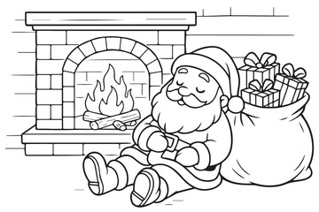 Vector cartoon illustration of Santa Claus sleeping peacefully in front of a fireplace inside a house, designed in black and white with outline.