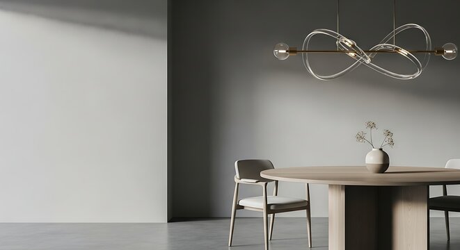 Sleek and serene dining room with a sculptural pendant light, round wooden table, and light chairs. Perfect for modern interior design and architectural visualization.