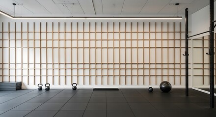 Modern minimalist gym interior with black rubber flooring, a distinctive white wall with wooden grid pattern, linear lighting, and various fitness equipment. Ideal for a contemporary workout space.