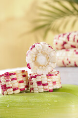 Yunnan Province Sweet Glutinous Corn with Red and White Kernels on Banana Leaf
