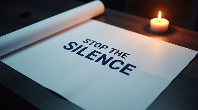 Stop the silence a candle illuminates a message of hope and awareness, urging action against domestic abuse and violence, empowering victims and survivors to speak out and find justice
