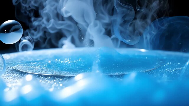 Mesmerizing Transformation of Dry Ice Sublimation Creating Fog and Bubbles in Metal Tray Filled with Water Captured Across Two Framed Instances