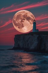 Blood Moon Above Lighthouse on Coastal Cliff
