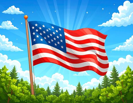 American flag waving in a sunny landscape