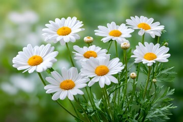 White daisies blooming in spring with blurred green background