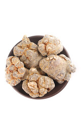 Wenshan Panax Pseudoginseng Roots in Bowl - Traditional Chinese Medicinal Herbs on White Background