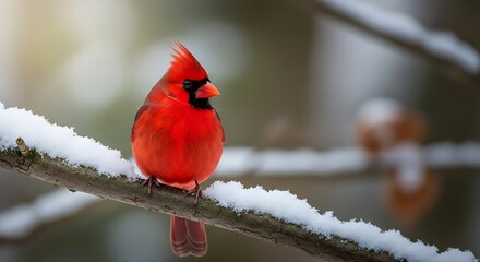 A vibrant male Northern Cardinal with bright red plumage perches on a snow-covered branch during winter. A striking image of a beautiful bird in a snowy landscape.