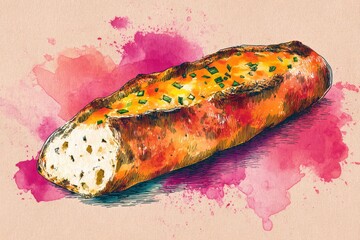 Hand-drawn illustration of a garlicky baguette