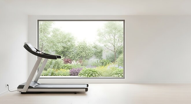 Modern home gym with a sleek treadmill in a bright room, featuring a large window overlooking a lush garden. Perfect for indoor workouts and a healthy lifestyle. - Powered by Adobe