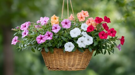 Hanging basket overflowing with colorful petunias illuminating a garden