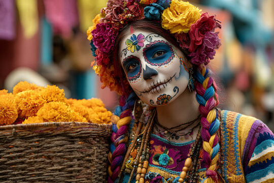 catrina sonriente ene l dia de muertos con trenzas mlticolores y una bandeja cn flores de cempasuchil di de muertos mexicanas calaeras halloween