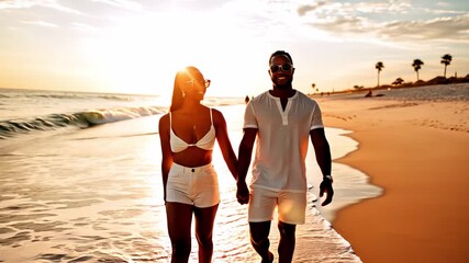 A couple walks hand in hand on a beach at sunset, captured from a low angle. The video evokes romance and tranquility with warm, golden tones. - Powered by Adobe