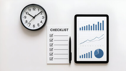 Flat Lay of Clock, Checklist, and Digital Tablet with Graphs on White Desk Background